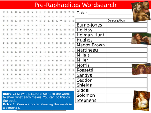 Pre Raphaelites Wordsearch Sheet Art Starter Activity Keywords KS3 GCSE Cover