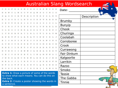 Australian Slang Wordsearch Sheet Australia Starter Activity Keywords KS3 GCSE Cover
