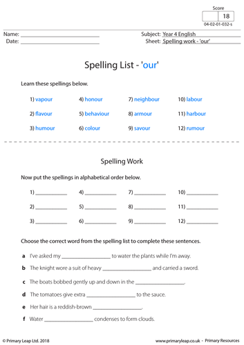 KS2 English Worksheet - Spellings 'our'