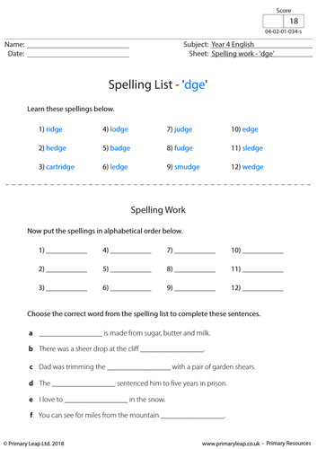 KS2 Spellings - 'dge'