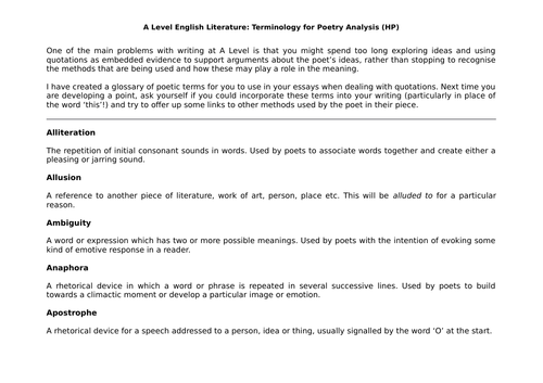 Helpful Glossary of Poetry Terminology (A Level / GCSE)
