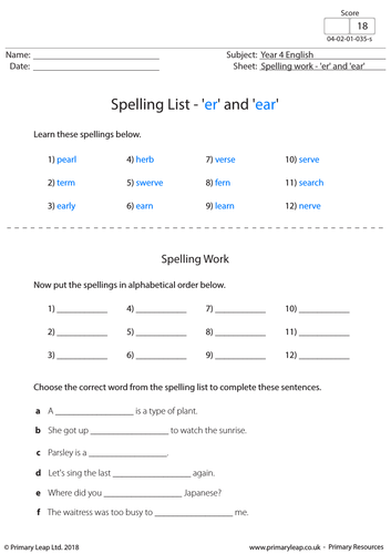 KS2 English Resource - Spellings 'er' and 'ear'
