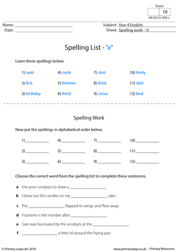 KS2 English Worksheet - Spellings 'ir'