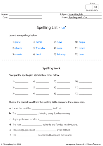 KS2 English Resource - Spellings 'ur'