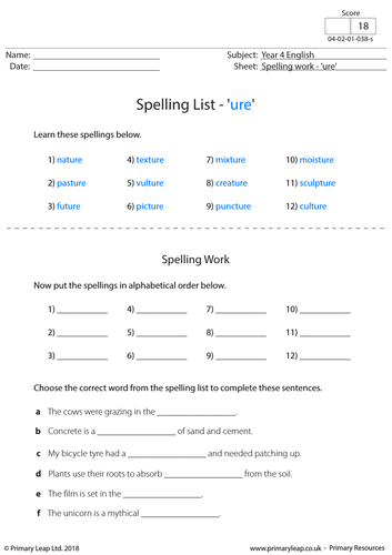 KS2 English Resource - Spellings 'ure'