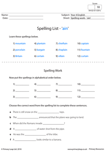 KS2 English Resource - Spellings 'ain'