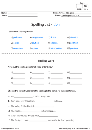 KS2 English Resource - Spellings 'tion'