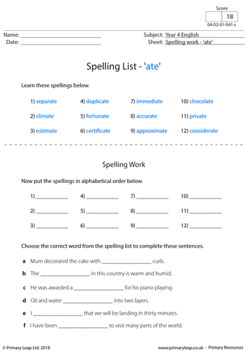 KS2 English Resource - Spellings 'ate'