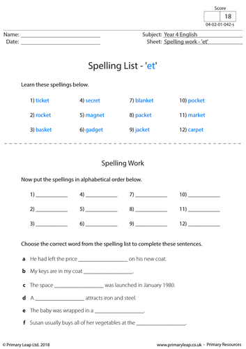 KS2 English Resource - Spellings 'et'