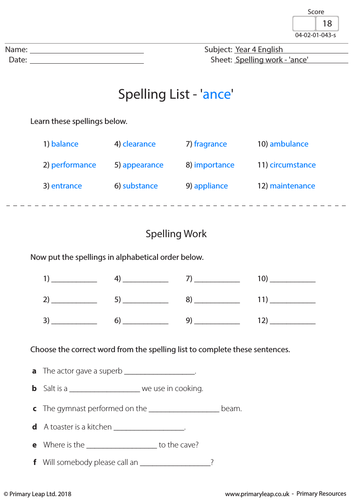 KS2 English Worksheet - Spellings 'ance'