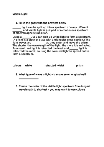 Visible light - electromagnetic spectrum | Teaching Resources