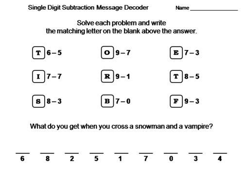 Single Digit Subtraction Activity: Math Message Decoder