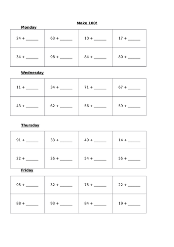 Number bonds to 100 daily grids