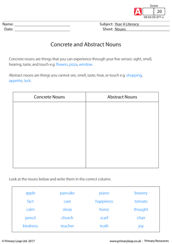 KS2 English Resource - Concrete and Abstract Nouns