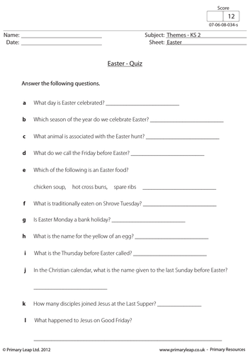 Easter Worksheet - Fun Quiz