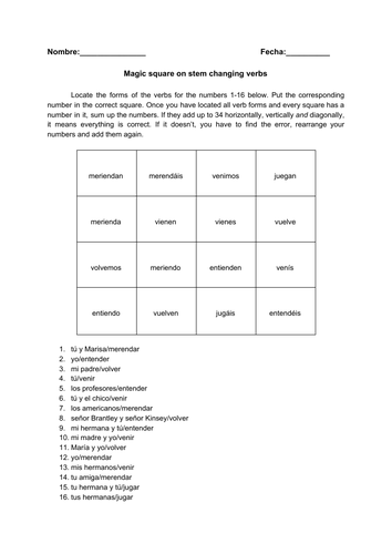 Magic square on stem changing verbs spanish no prep practice teaching 