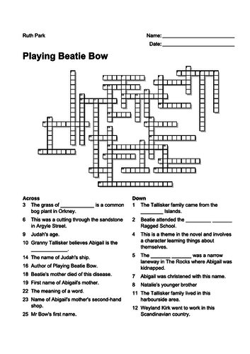 Playing Beatie Bow Crossword Teaching Resources