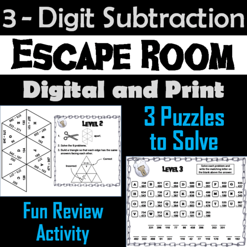 Triple Digit Subtraction With and Without Regrouping: Math Escape Room