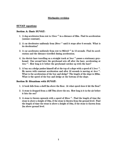 SUVAT revision worksheet (new specification)