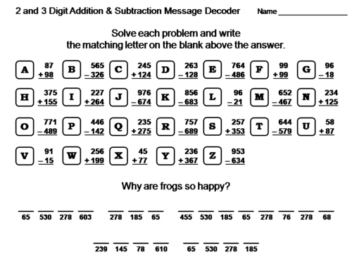 2 and 3 Digit Addition and Subtraction Activity: Math Message Decoder