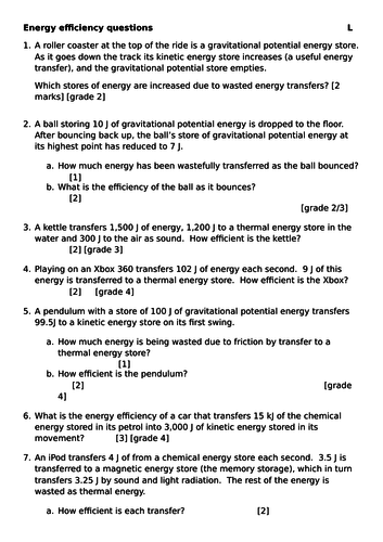 GCSE Science (1-9) Energy efficiency practise questions by alexfeakes