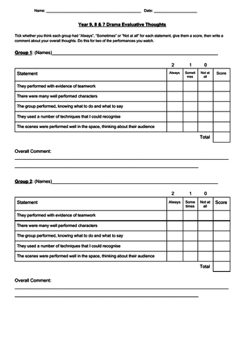 Drama Performance Evaluation Reflection Activity Sheet