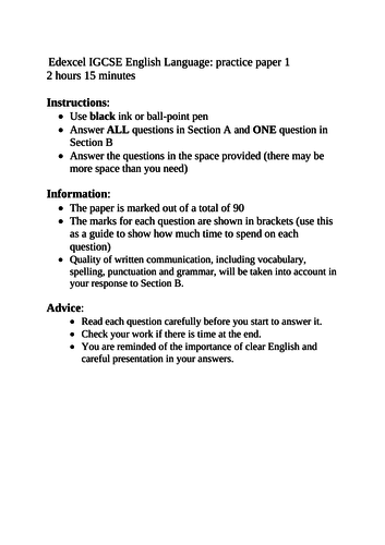 Edexcel IGCSE English Language A practice Paper 1 | Teaching Resources