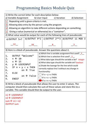 GCSE Computer Science Module Quiz - Programming Basics (Pseudocode) - Linked to Knowledge Organiser