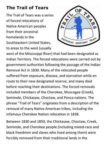 The Trail of Tears Handout | Teaching Resources