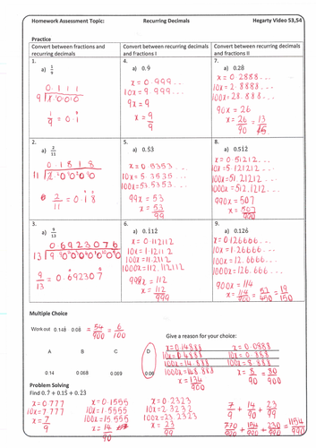 Converting Recurring Decimals to Fractions Homework with Answers