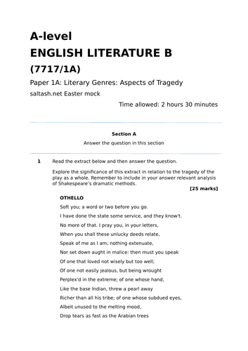 AQA A Level Literature Paper 1A: Tragedy Mock Paper