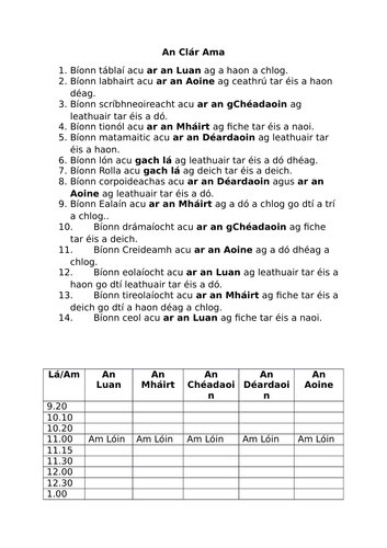 Gaeilge: Ar Scoil- An Clár Ama