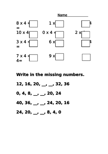 4 Times Table differentiated revision worksheet
