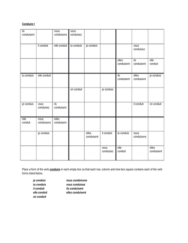 Conduire French Verb Sudoku