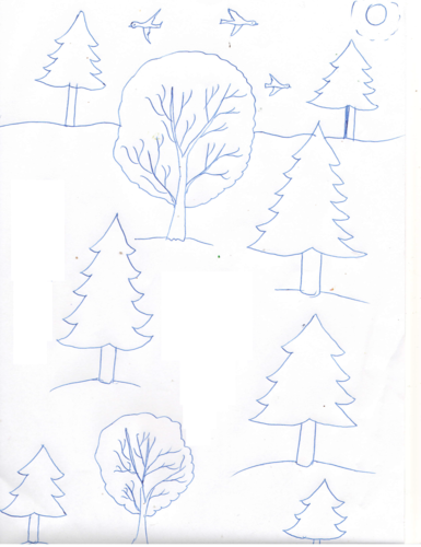 A  nice drawing  of  a landscape with trees and fir-trees
