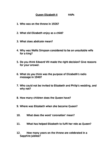 Queen Elizabeth II comprehension text 2 levels and 3-level differentiated questions