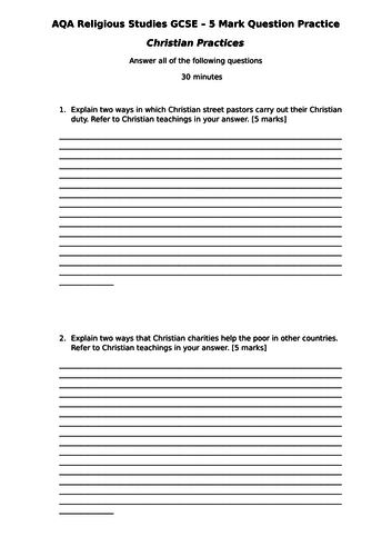 AQA GCSE RS Spec A (1-9) 5 Mark Question Practice – Christian Beliefs, Teachings and Practices
