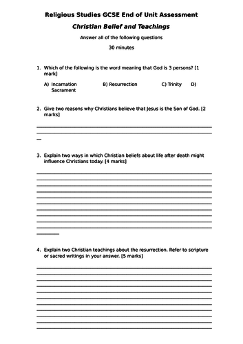 AQA GCSE RS Spec A (1-9) Christian Beliefs and Teachings Assessment