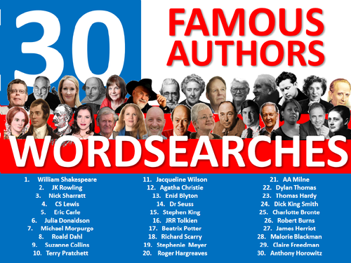 30 Famous Authors Wordsearches Keyword Wordsearch Homework Cover English Literacy
