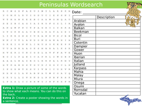 Peninsulas Wordsearch Sheet Geography Countries Starter Activity Keywords Cover