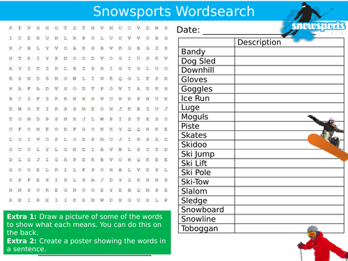 Snowsports Wordsearch Sheet PE Sports Starter Activity Keywords Cover Homework