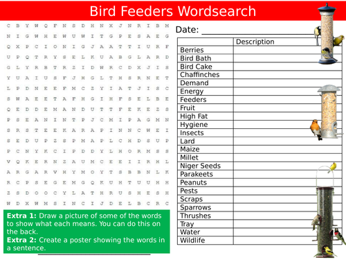 Bird Feeders Wordsearch Sheet Animals Birds Nature Starter Activity Keywords Cover