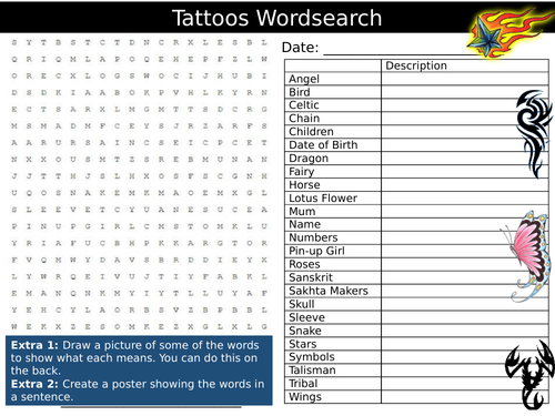 Tattoos Wordsearch Sheet Art Design Tribal  Starter Activity Keywords Cover Homework