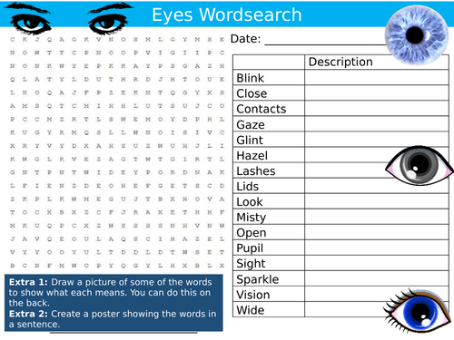 Eyes Wordsearch Sheet Facial Features Emotions Starter Activity Keywords Cover