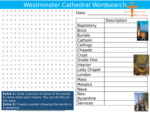 Westminster Cathedral Wordsearch Sheet RE Buildings Starter Activity Keywords Cover