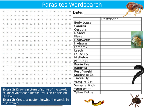 Parasites Wordsearch Sheet Animals and Nature Starter Activity Keywords Cover Homework