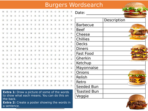 Burgers Wordsearch Sheet Food Beefburgers Starter Activity Keywords Cover Homework