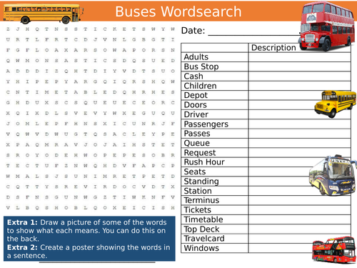 Buses Bus Wordsearch Sheet Transport Vehicles Starter Activity Keywords Cover