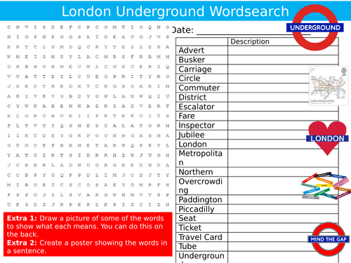 2  x The London Underground Tube Wordsearch Sheet Countries Starter Activity Keywords Cover