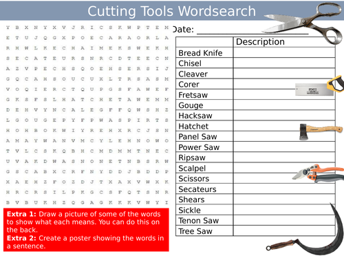Cutting Tools Wordsearch Sheet Design Technology Starter Activity Keywords Cover Homework